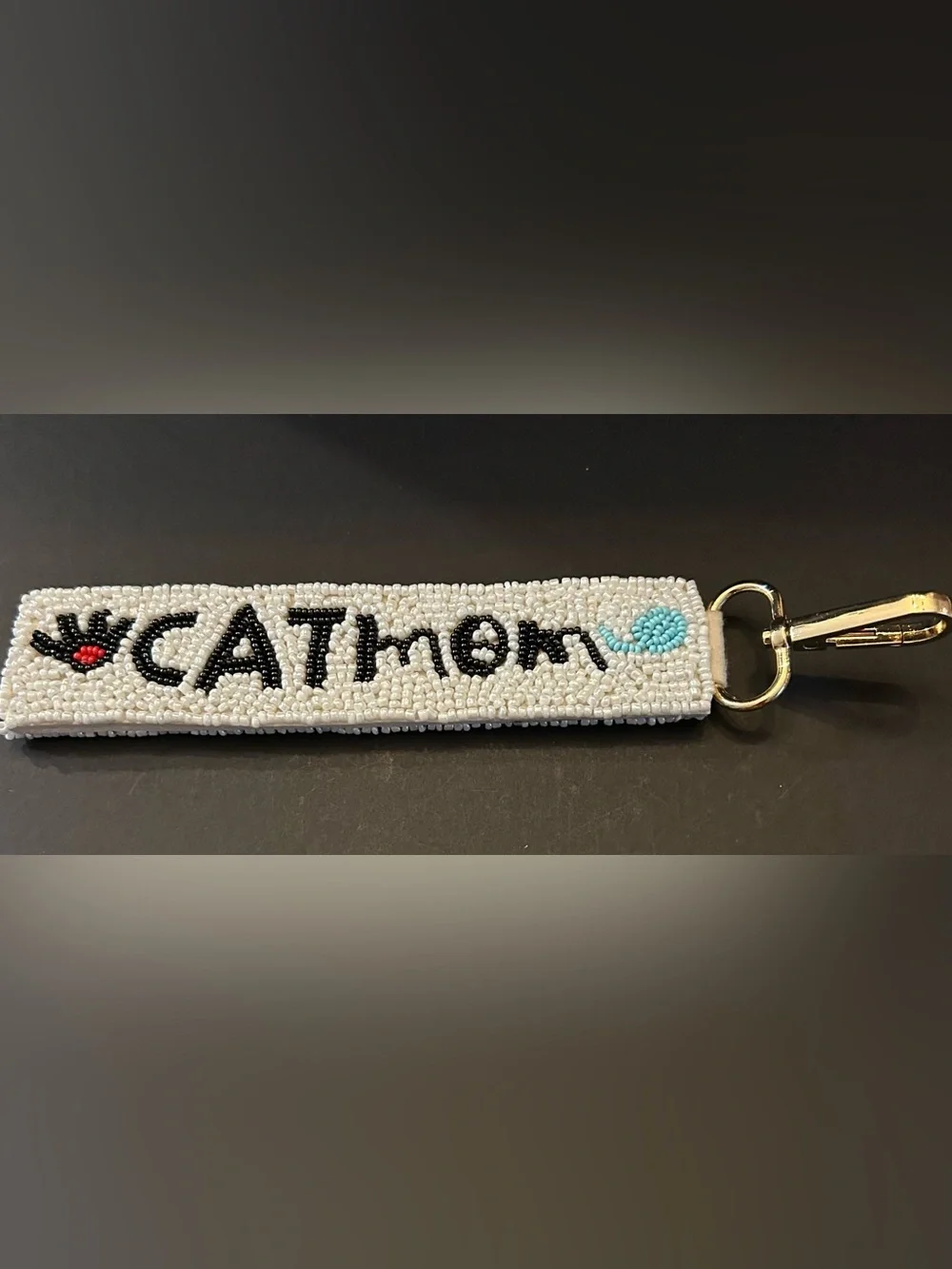Handmade Comfy Beaded 'CATmom' Wristlet Bag Charm – White, Black, Red & Blue